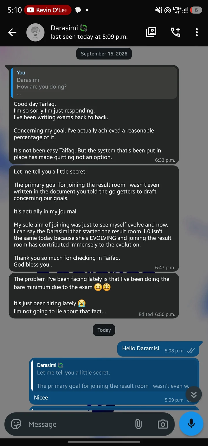 Conversation with Darasimi about personal growth, progress, and the Result Room system.